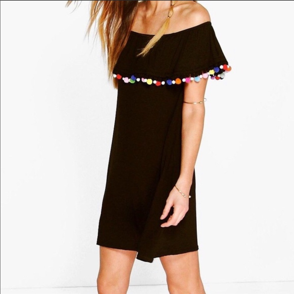 Black Pom Pom Off the Shoulder Dress